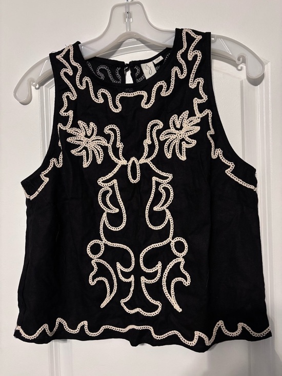 Joie Tops - Linen Joie Black Tank Top with Cream Embroidery Size Small